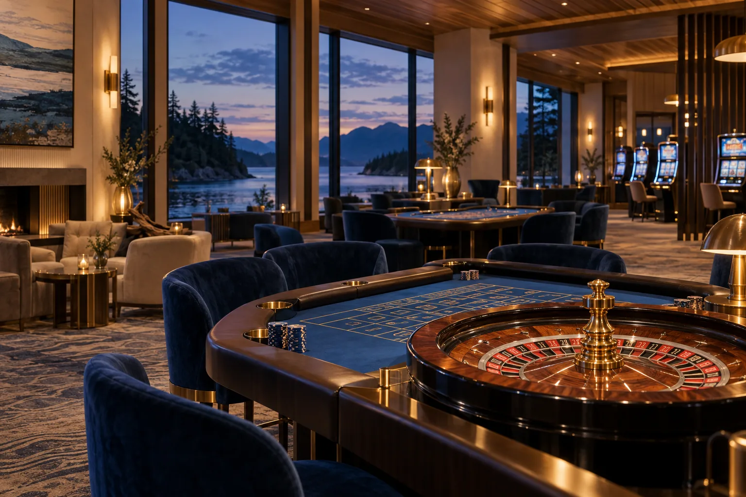 Brass roulette wheel and velvet chairs in a refined Canadian coastal casino salon at dusk