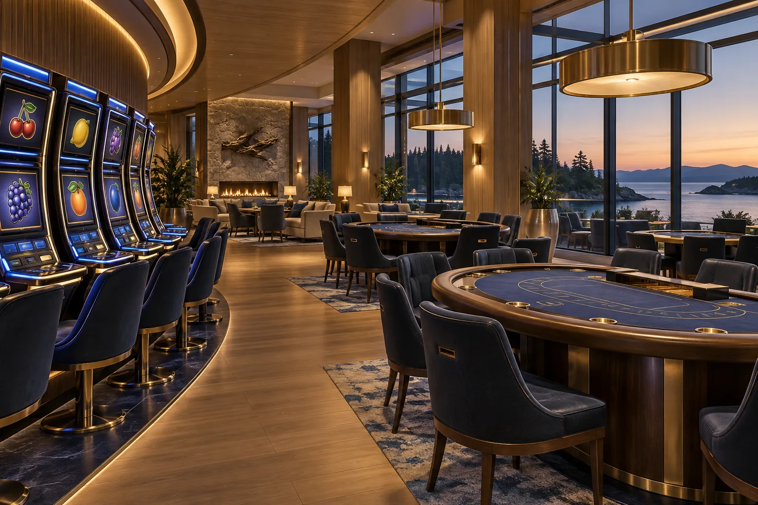 Spacious casino floor with blue-felt tables, a curved slot-machine area and warm coastal interiors