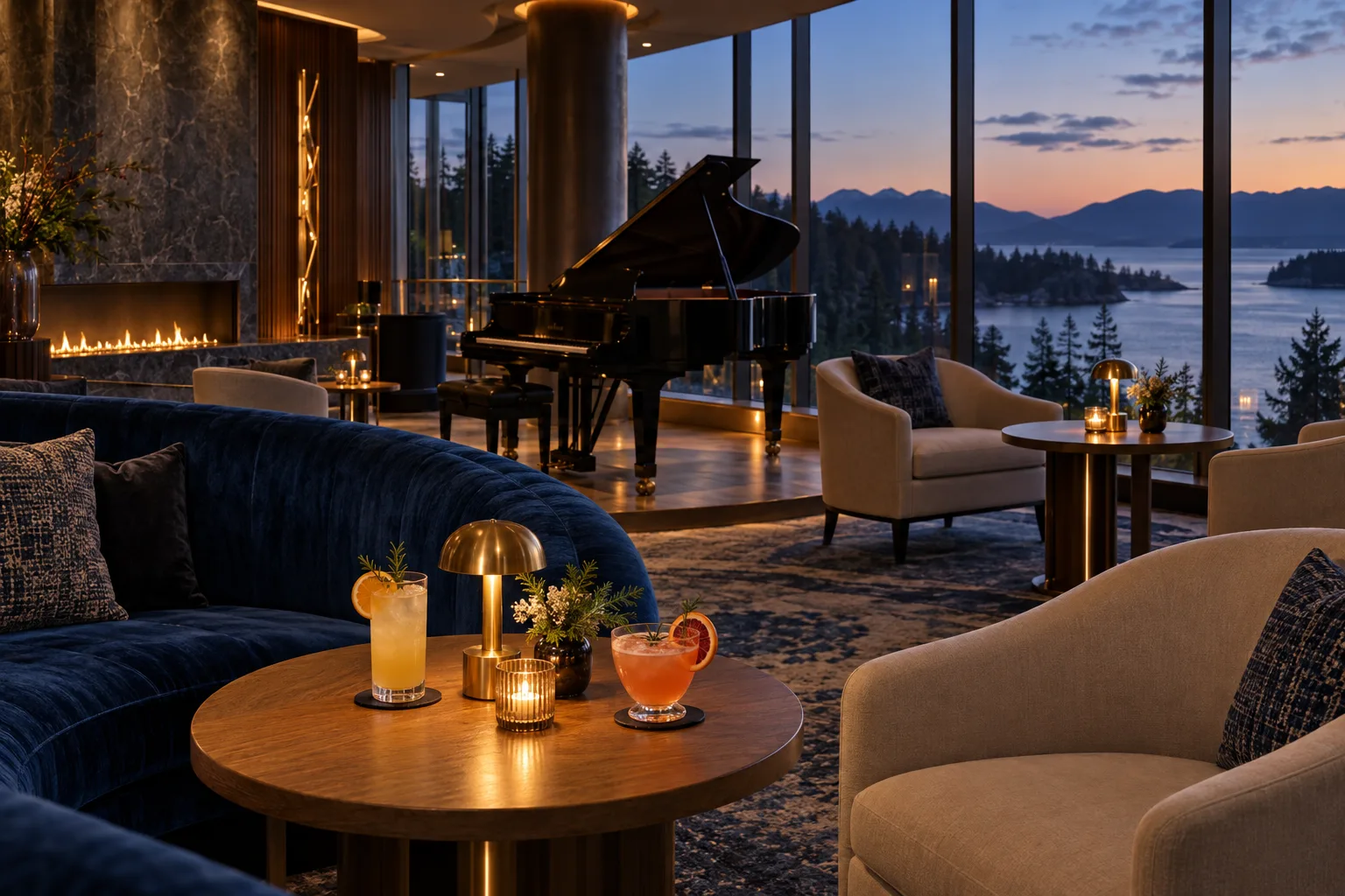 Cobalt velvet seating, a grand piano and warm lamps in an intimate coastal casino-resort lounge