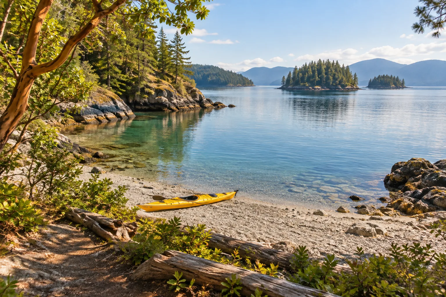 A yellow kayak on a pebble beach beside a sheltered British Columbia inlet