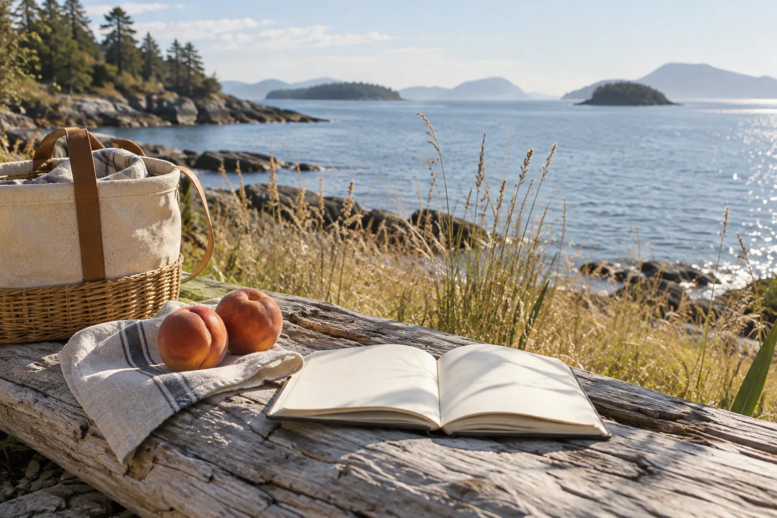 Peaches, a notebook and picnic basket on driftwood above the sea