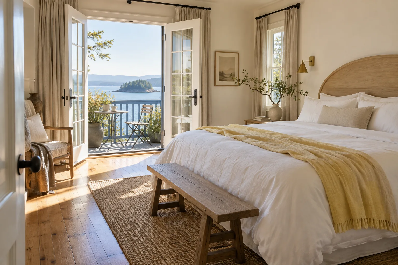 White linen bed and open French doors facing a blue sea balcony