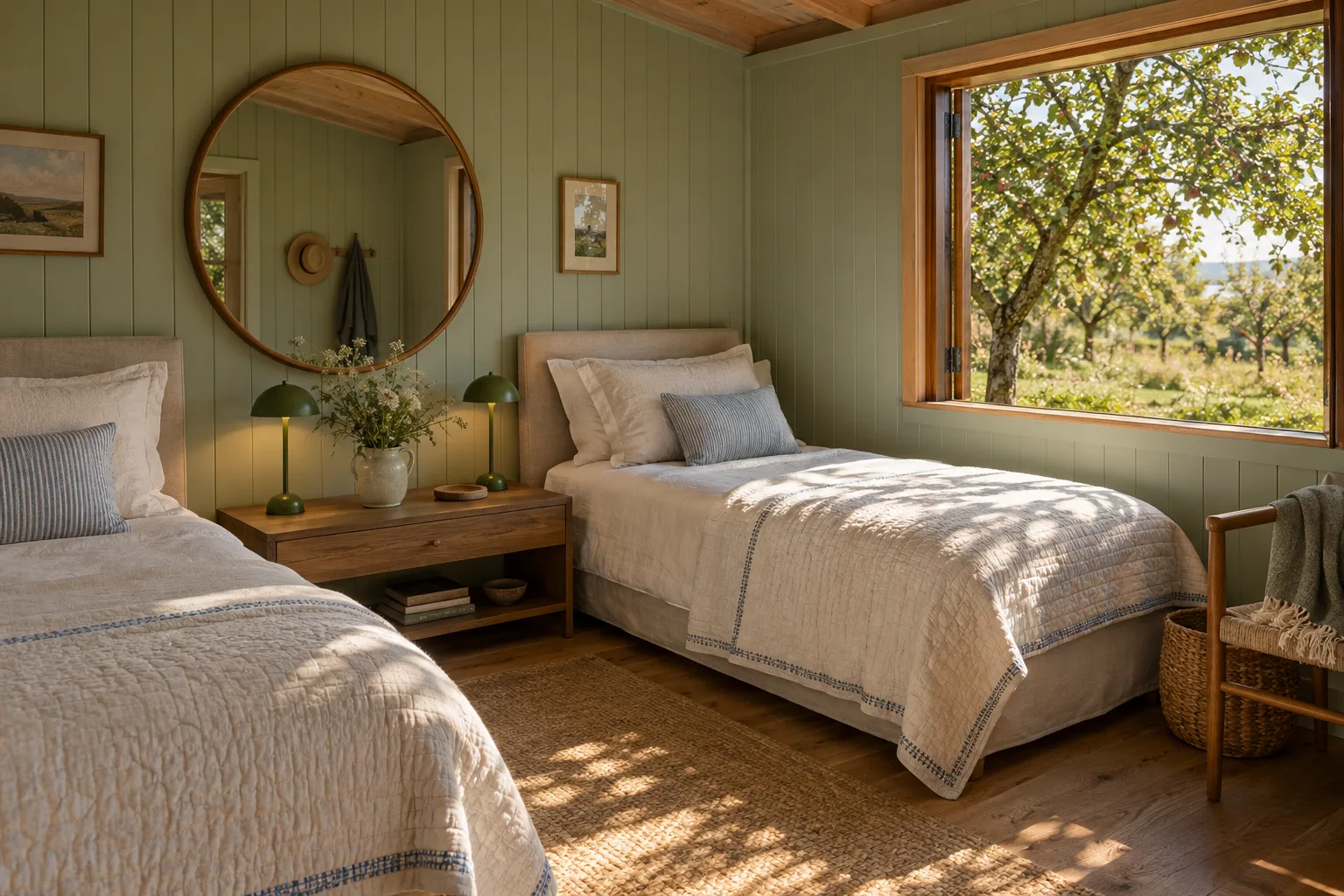 Twin linen beds with green reading lamps in a garden cabin