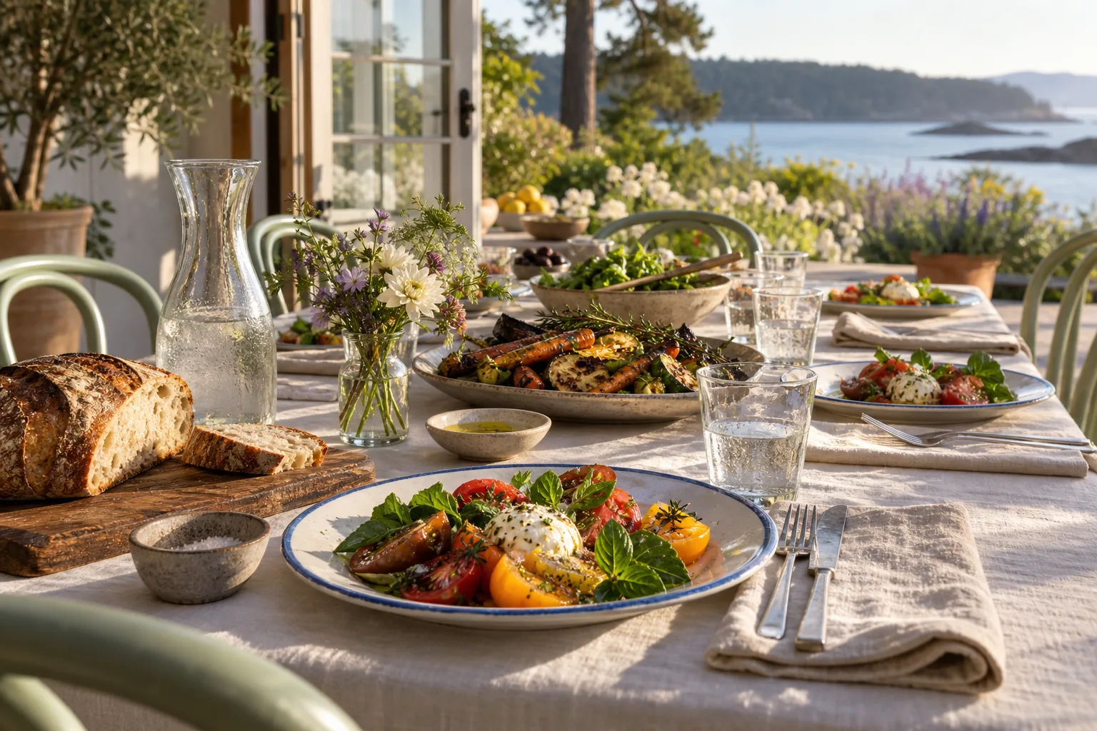 A communal island lunch table with seasonal vegetables, sourdough and blue-rimmed plates